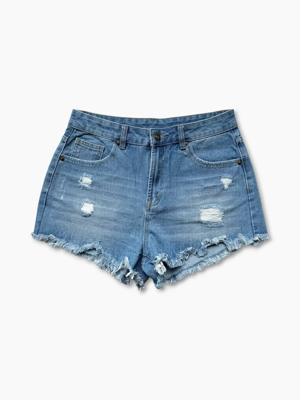 High Rise Distressed Denim Shorts Cutoff Frayed Hem Blue Wash S